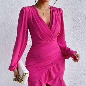 SHEIN Prive Surplice Neck Ruched Ruffle Trim Wrap Hem Dress Size Large Pink